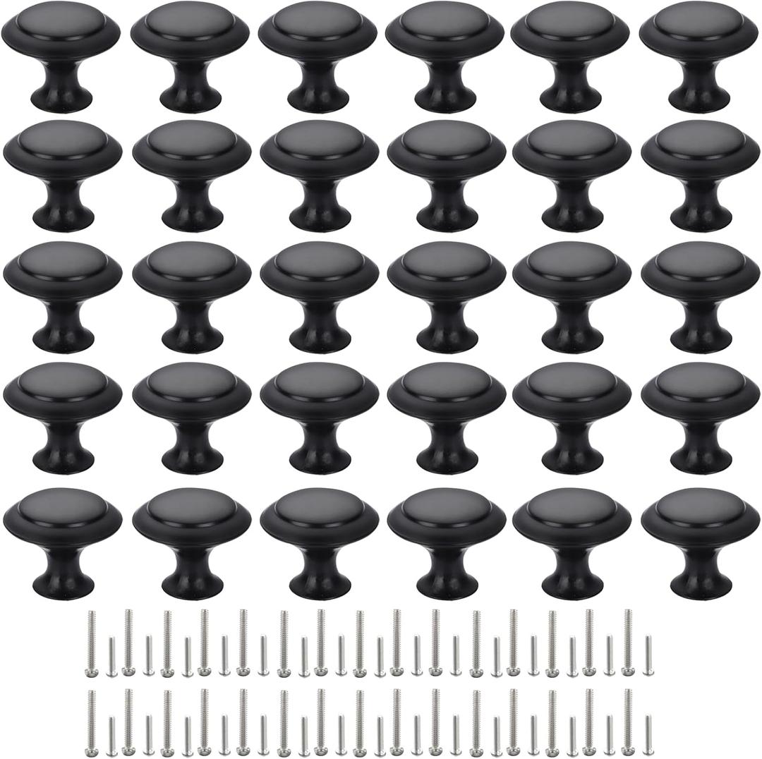 Cabinet Knobs, 30 PCS 30mm Dresser Knobs, Premium Drawer Knobs, Metal Furniture Handles, Black Zinc Door Knobs for Closet- 1-1/6 Inch Diameter Round Drawer Pulls Kitchen Knob Hardware with Screws DIY