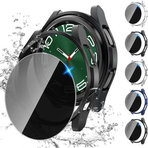 Tensea [5+5Pack for Samsung Galaxy Watch 6 Classic Screen Protector Case 47mm, Hard PC Bumper/HD Anti-Fog Tempered Glass Protective Film, Face Cover Set, Galaxy Watch 6 Classic Case for Women Men (Clear/Black/Black/Silver/Blue(black screen))