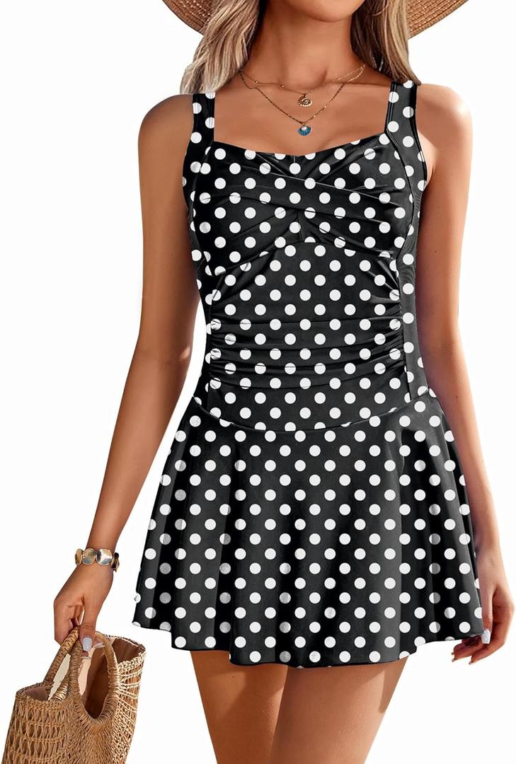 Ekouaer Swim Dress One Piece Bathing Suit Skirted Swimsuits for Women Ruched Retro Swimwear (Black, XL)