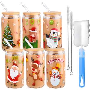 6 Pieces Christmas Can Glass 16oz Coffee Glass Cup with Bamboo Lid and Straw Santa Claus, Elk, Christmas Tree Can Glass for for Water, Juice, Milk, Beer, Whiskey and Christmas Party Supplies