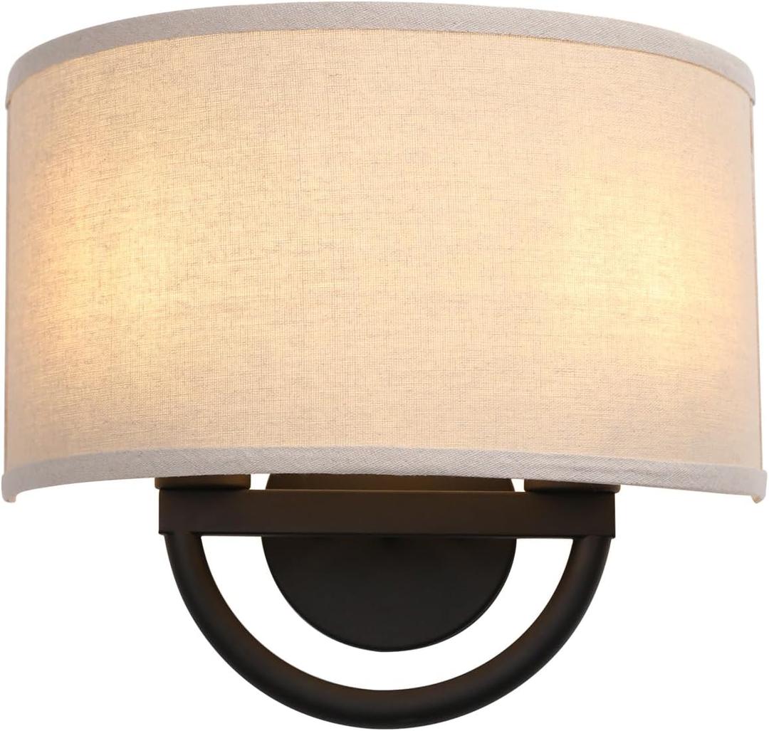 Industrial 2-Lights Wall Sconce Fixtures with Linen Fabric Shade, Double Wall Light Lamps Decor for Hallway Bedroom Living Room Bathroom Stairway (Black)