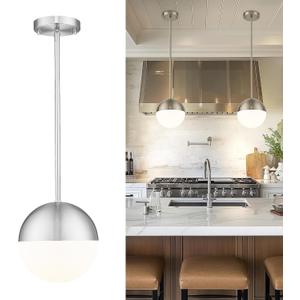 LMS Farmhouse Pendant Light Fixtures, Brushed Nickel Pendant Light with Globe Glass, Adjustable Hanging Lighting for Kitchen Island, Bedroom, Bathroom, LMS-203 (8" White Glass, 1 pack, Silver)