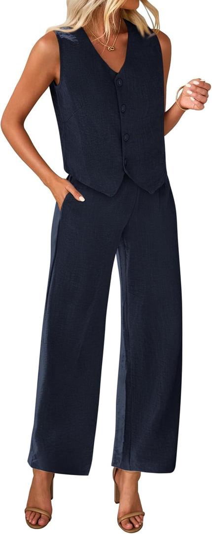KIRUNDO Two Piece Outfits for Women Summer Sets 2025 Trendy Button Crop Vest Wide Leg Pantsuit Matching Set Spring Fashion Clothes(Navy, X-Large)
