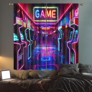 LIGHTINHOME Neon Arcade Game Curtains 42Wx63H Inch Retro Gamer Video Arcade Gaming Cool 80s 90s Window Curtains for Boys Bedroom Kids 2 Panels Rod Pocket Living Room Window Drapes Treatment Fabric