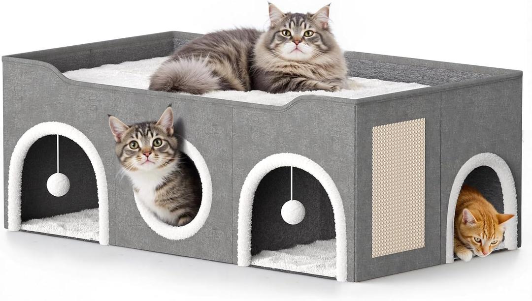 All-in-1 Extra Wide Cat House,Top Bed Three Rooms Cat Condos,Cat Beds for Indoor Cats,Multi Cats Puppy Family with Fluffy Ball Hanging and Scratch Pad, Foldable Hideaway, 
19.7"D x 35.2"W x 13.4"H