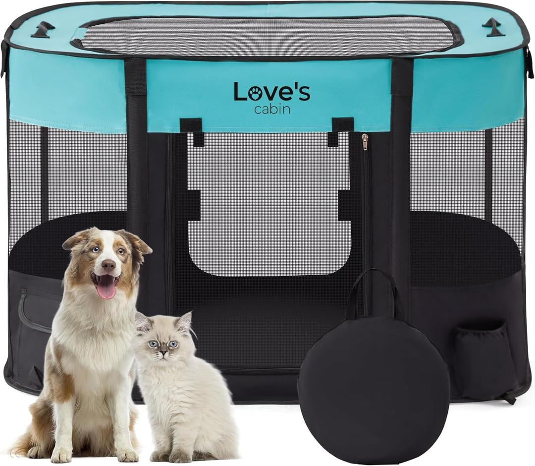 Love's Cabin Medium Dog Tent Crate, Portable Foldable Pop Up Dog Kennel Playpen with Carrying Case (Green) (Green-rectangle)