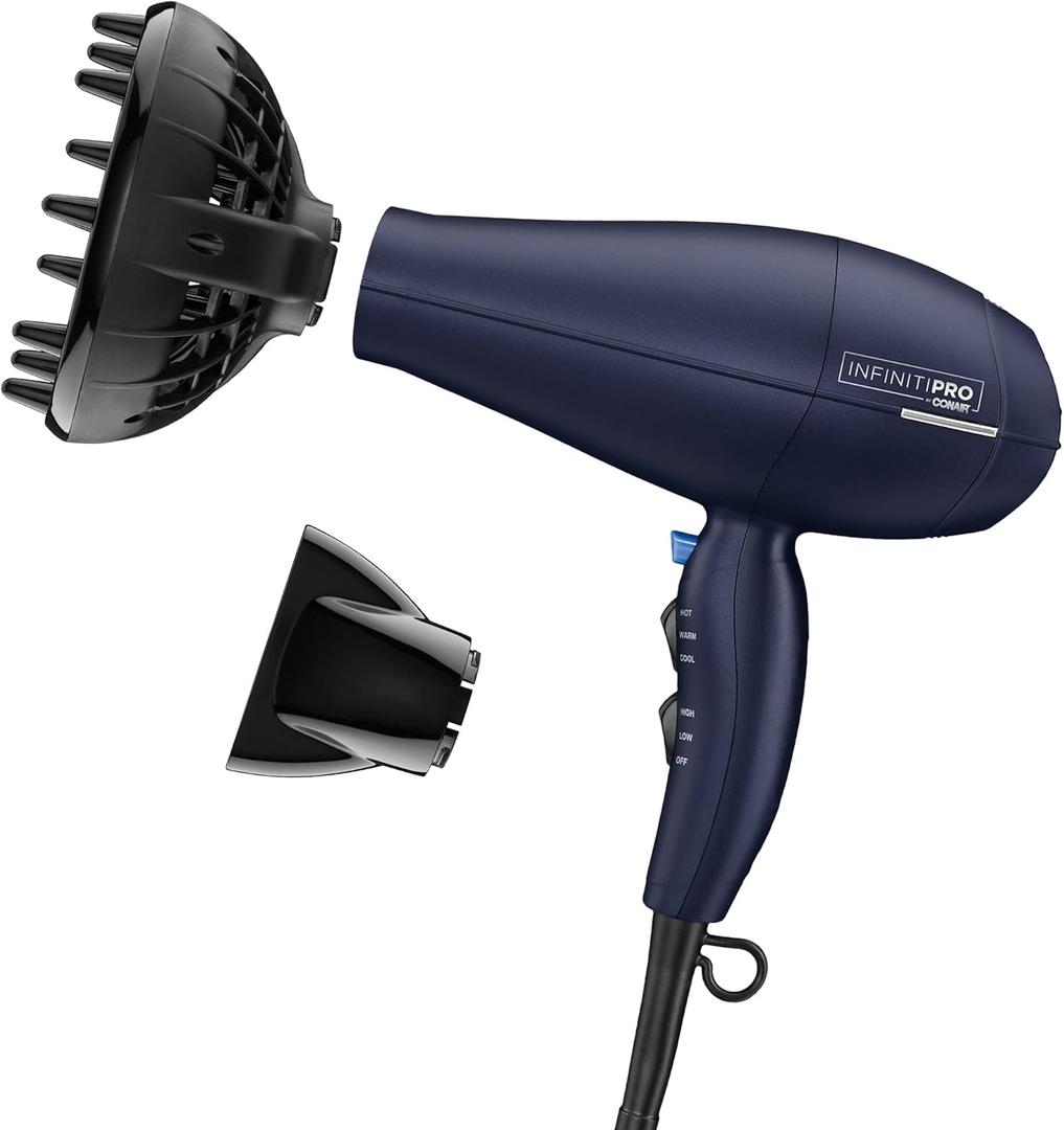 INFINITIPRO BY CONAIR Hair Dryer with Innovative Diffuser | Enhances Curls and Waves while Reducing Frizz | Dark Blue | Packaging May Vary (1 Count (Pack of 1))