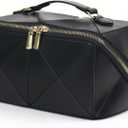 IMCUZUR Travel Makeup Bag Large Cosmetic Bag for Women, Open Flat Make up Bag Portable Skincare Bag with Handle (Black)