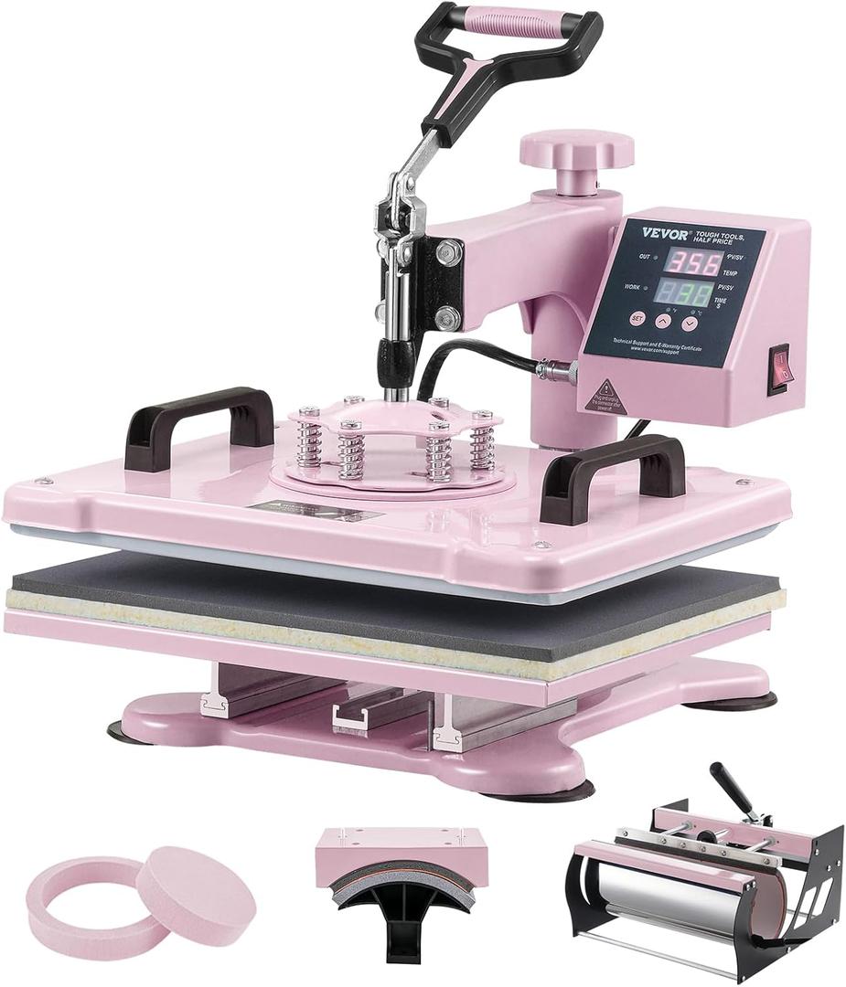 VEVOR Heat Press Machine 5 in 1 Combo with 30 OZ Tumbler Press & Hat Press, Slide Out 12x15 Inch Heat Press Sublimation Machine for T-Shirts, Hats Caps Tumblers Glass Cans Mugs, and Plates (Pink)