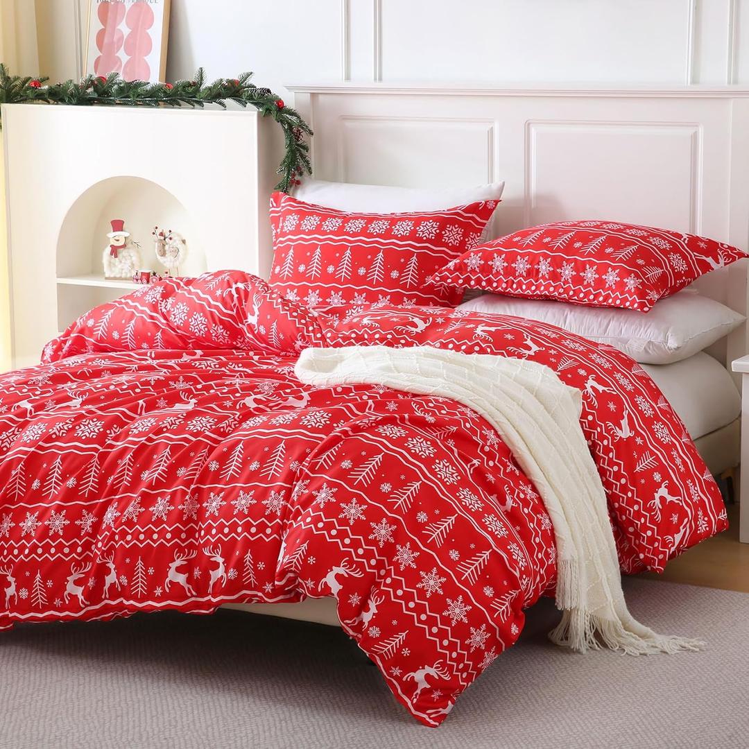 JSD Red Christmas Duvet Cover Set Queen Size, 3 Piece Snowflakes Reindeer Snowflakes Printed Microfiber Comforter Cover with Pillow Sham