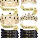 Ferreve 16 Pcs Prom King Queen Crown Sash Set Crystal Rhinestones Tiaras Sash for Prince Princess Court Birthday Wedding Graduation Party Favor Costume Accessories Dress Up(Gold)
