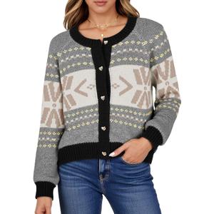 Saodimallsu Womens Button Up Cardigan Sweaters Crew Neck Vintage Fair Isle Long Sleeve Warm Knit Christmas Sweater Coats (Small, Beige)