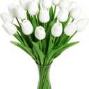 Artificial Tulips 20pcs, Ultra-Realistic White Faux Flowers with Bendable Stems, Fake Tulips for Vase, Grand Millennial Home Decor, Mother's Day Easter Valentine's Gift