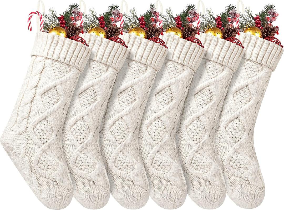 VIBILIA Christmas Stockings 6 Pack, 18 Inches Large Size Knitted Xmas Stocking for Fireplace, Holiday Party Decorations (White)