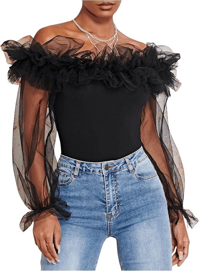 Women's Ruffle Off Shoulder Blouse Mesh Puff Sleeve Party Tops Fitted Tee Shirt XL Black