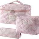 Uekeboag Quilted Cotton Makeup Bag, Coquette Quilted Toiletry Bag for Women and Girls, Floral Coquette Pouch, Cute Kawaii Travel Cosmetic Bags(Pink Bow)