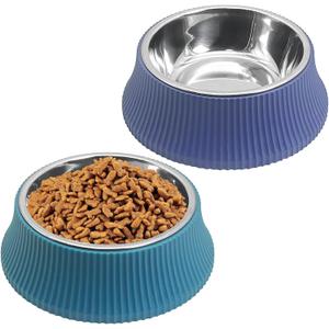 kathson 2PCS Stainless Steel Dog Bowls Set Removable no tip Puppy Food and Water Feeder Bowl Basic Metal Small Dog Bowls for Dogs Cats Rabbit Guinea Pigs Ferret (Roman Column (Blue, Green))