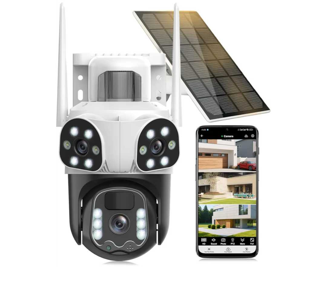 Triple Lens Solar Security Cameras Wireless Outdoor, 3-in-1, 360°PTZ 2.4/5G WiFi Cameras for Home Security, Solar Battery Powered Camera with Al Human Detection, Auto Tracking, Color Night Vision