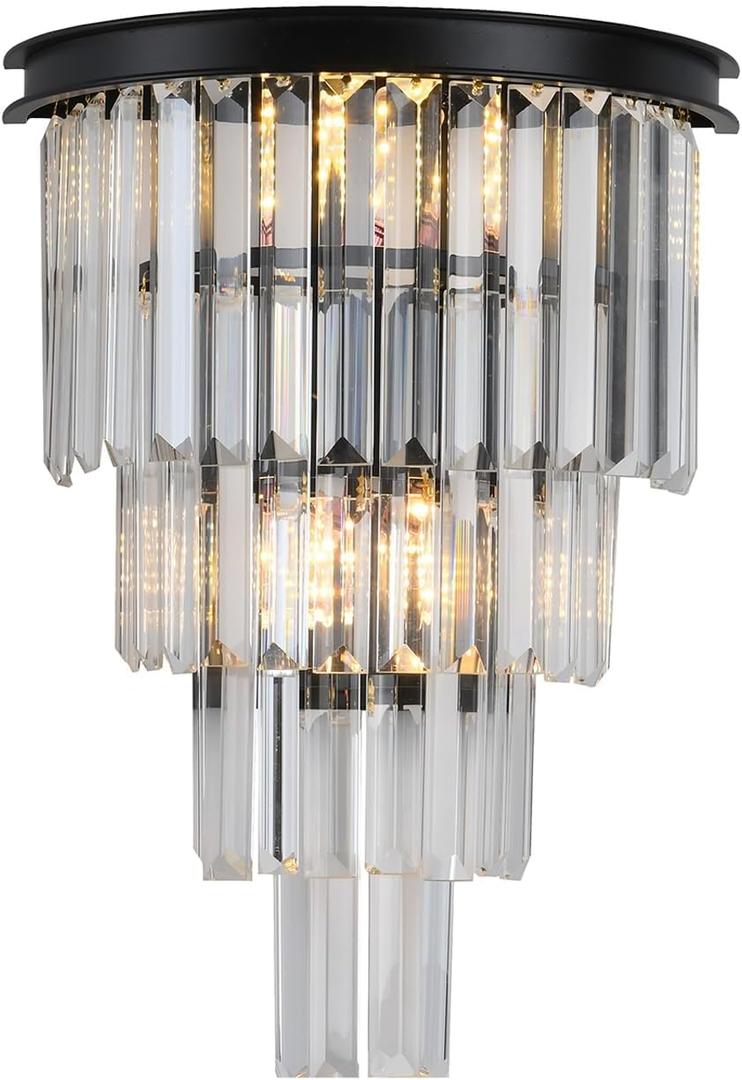 Black Crystal Wall Sconce, Modern 4-Tiers K9 Clear Crystal Wall Light Bedside Wall Mount Lamp for Living Room Bedroom Mirror Dining Room Hallway Foyer Lighting Fixture