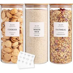 3 Pack Glass Jar with Airtight Bamboo Lid and White 132 Kichen Pantry Labels Preprinted - 56 Oz Clear Tall Glass Food Storage Containers set For Pasta Flour Cookie Rice (56oz*3)