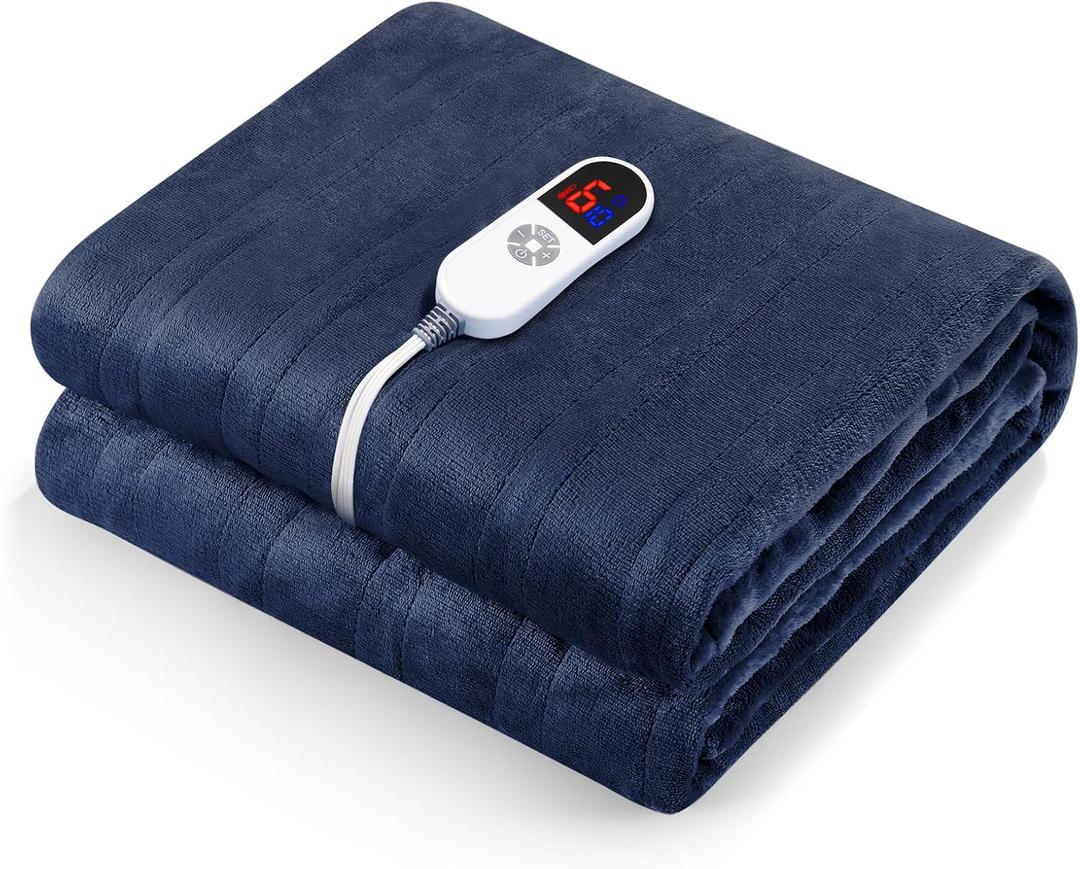 CURECURE Heated Electric Blanket Twin Size 62" x 84" Flannel Heated Blanket with 6 Heating Levels & 10 Hours Auto Off, Comfort Warm Blanket for Home Office Use, Machine Washable (Blue)