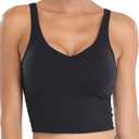 Oalka Sports Bra Womens Longline Padded Crop Tank Yoga Bras Workout Fitness Top (Black)
