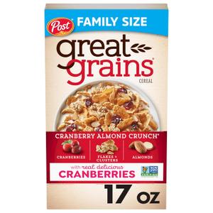Great Grains Cranberry Almond Crunch Cereal, Cereal with Dried Cranberries and Almonds, Non-GMO Project Verified, 17 OZ Box