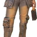 Vaceky Stretch Cargo Jeans Women Straight Leg Side Zipper Slit Denim Y2K Pants with Pockets (X-Large, Coffee)