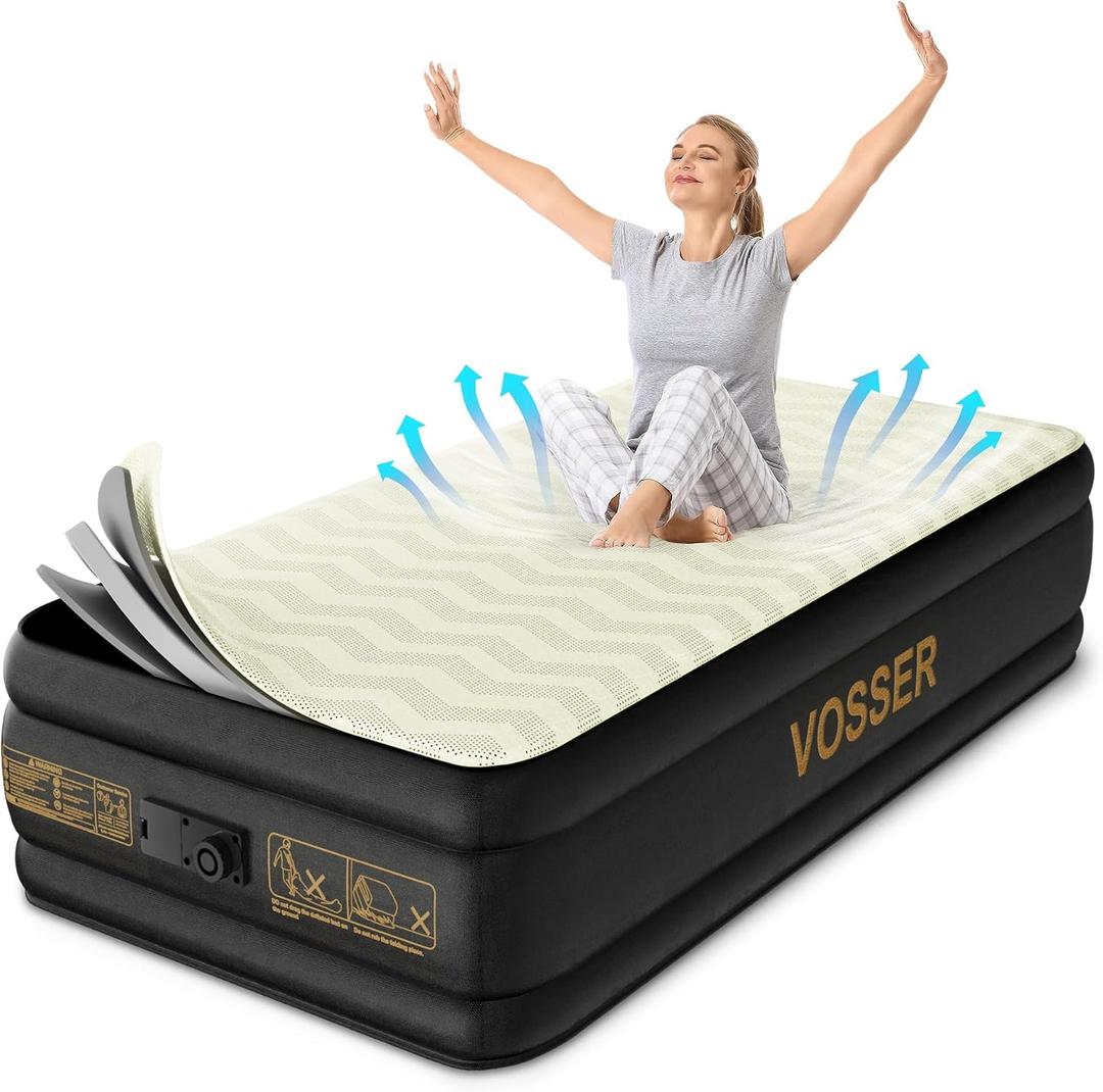 VOSSER Twin Air Mattress with Built-in Pump,18'' Foam Topper Blow Up Mattress,Luxury Inflatable Mattress 2 Mins Self-Inflation/Deflation - Breathable and Wrinkle-Free for Camping, Home & Guests