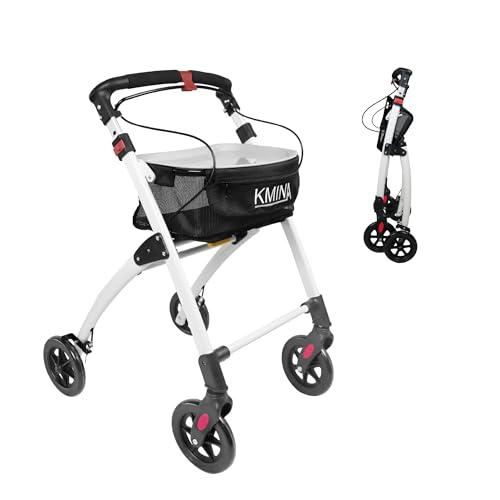 KMINA Narrow Walker for Small Spaces, Foldable Walker with Tray and Basket, 4 Wheels and Brakes, Lightweight Indoor Rollator for Seniors, Black, PRO Model