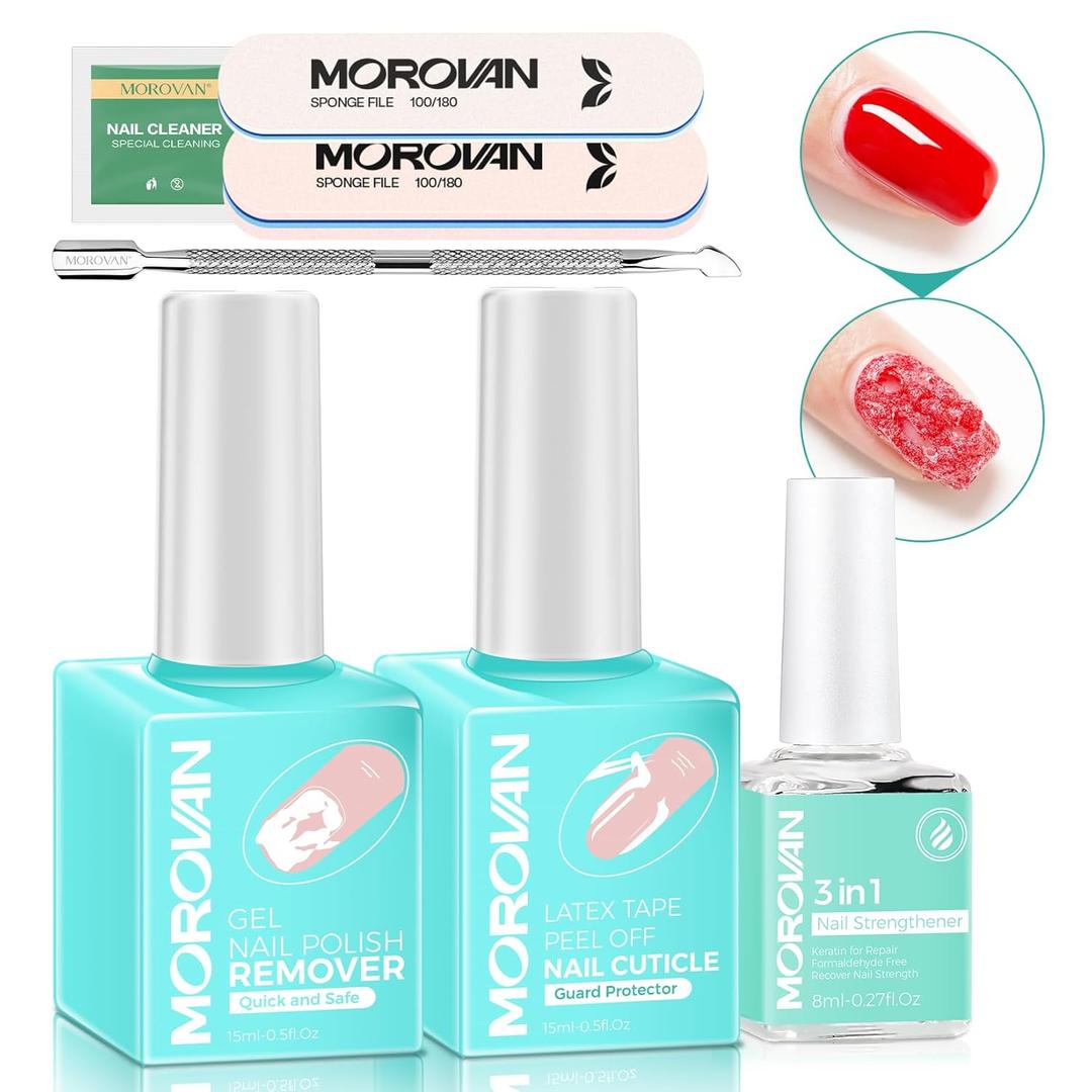 2 x Morovan Gel Nail Polish Remover Kit: Gel Polish Remover with Liquid Latex Tape Nail Strengthener Nail Tools Quick Remove Gel Nail Polish in 3-5 Minutes No Need to Warp & Soak (7 Pcs Set)