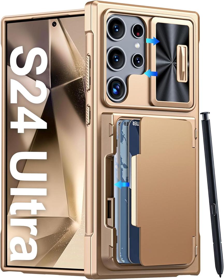 Vizvera for Samsung Galaxy S24 Ultra Case Wallet, RFlD Cards Holder & Camera Cover & Kickstand for Women Men, Full Body Rugged Shockproof Silicone Case for S24 Ultra 6.8" 2024 Only-Champagne Gold