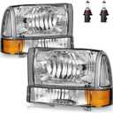 Headlights W/Bulbs for 1999-2004 Ford F250 F350 F450 F550/2000-2004 Ford Excursion Super Duty with Bumper Signal Corner Light Pair Set (OE Replacement)