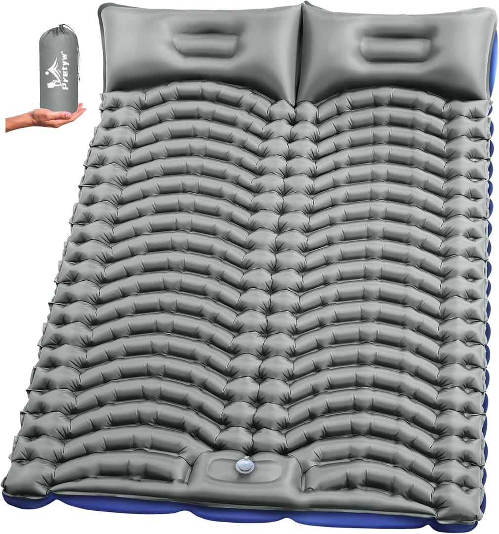 Double Sleeping Pad for Camping - Ultralight Air Mattress with Pillows, Built-in Foot Pump, Compact Inflatable 2-Person Portable Mat for Backpacking, Hiking, Tent, Car Travel, Beach，Road Trip, Full
