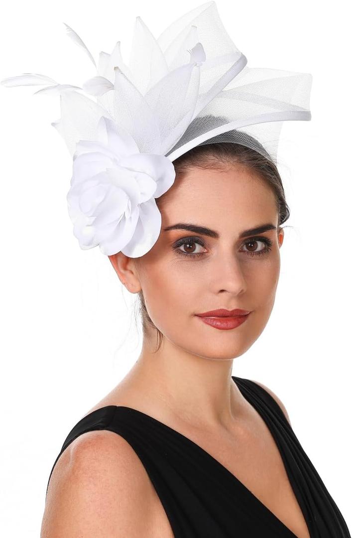 SAFERIN Fascinators Hat Flower Mesh Ribbons Feathers on a Headband and a Clip Tea Party Headwear for Girls and Women (White, M)