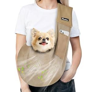 Pawaboo Dog Sling Carrier for Small Dogs, Ultra-Breathable Dog Carrier Sling Up to 14lbs, Hand-Free Widened Strap Dog Purse for Cat & Puppy, Dog Pouch Carrier Built-in Safety Leash, Khaki