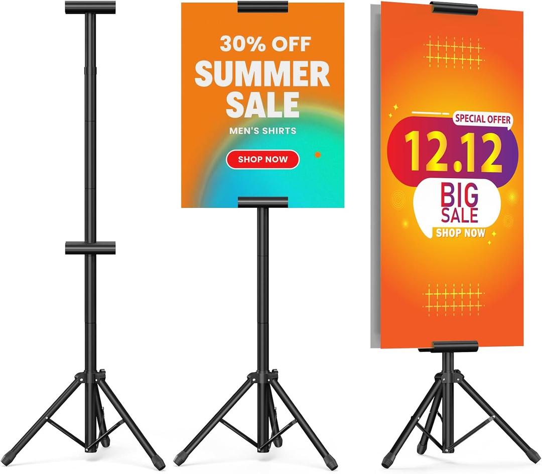 Poster Stand Banner Stand Poster Board Stand Foldable Floor Standing Sign Holder Adjustable Height Up to 88" Double Sided Tripod Retractable Banner for Wedding, Restaurant , Business, Supermarket Indoor Outdoor Poster (suitable for hard posters) (1 Pack, black)