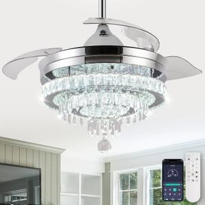 42 inch Dimmable Fandeliers Chandelier Ceiling Fan LED Crystal Ceiling Fan with Light and Remote 6 Speed 3 Blades Retractable Ceiling Fans for Bedroom Living Dining Room (APP & Timing) (Silver)