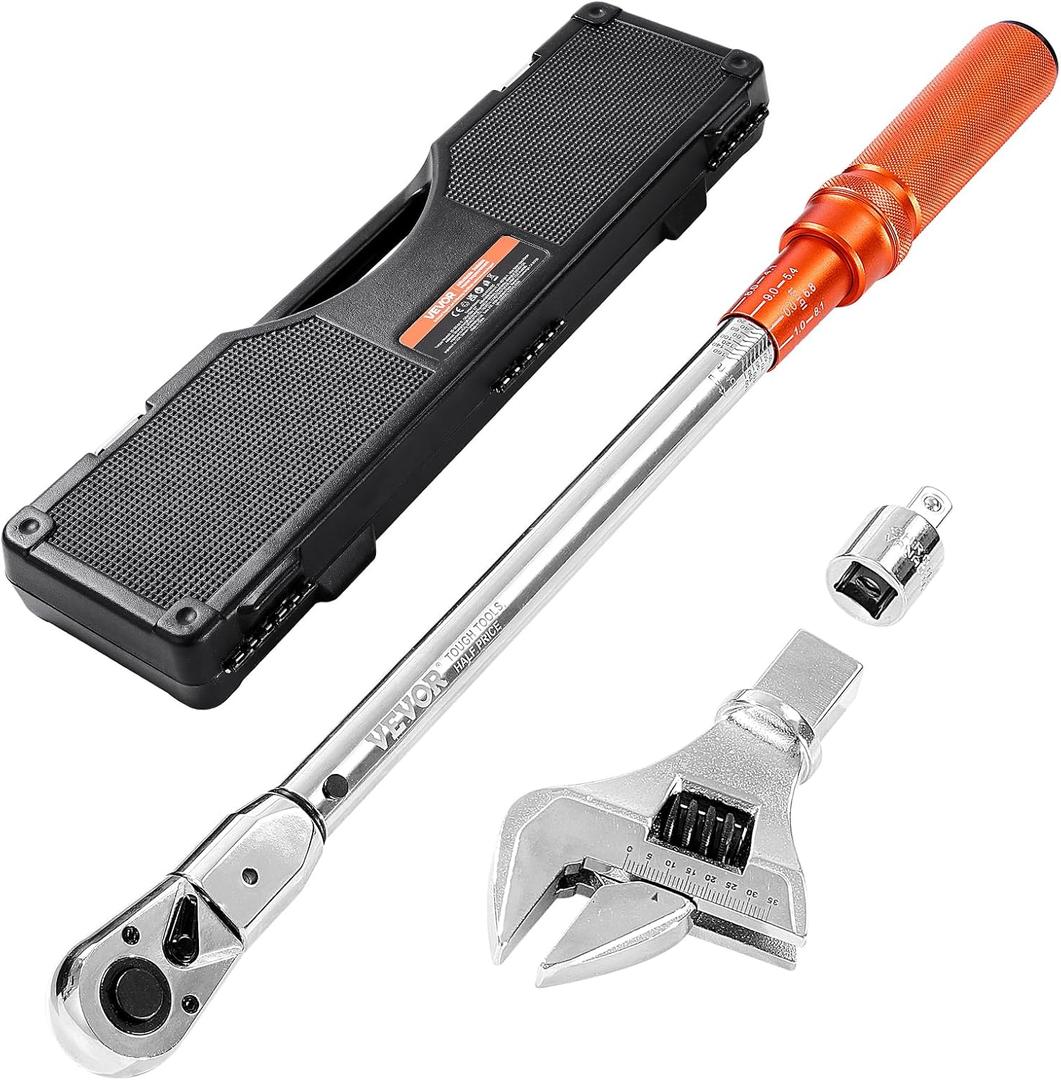 VEVOR Adjustable Torque Wrench 1/2 Inch Drive, 20-160Ft.lb/27.1-216.8Nm, 38MM Open End, 3/8 Inch Drive Torque Wrench with Interchangeable Jaw & Ratchet Head for HVAC, Car, Moto, Narrow Pipeline