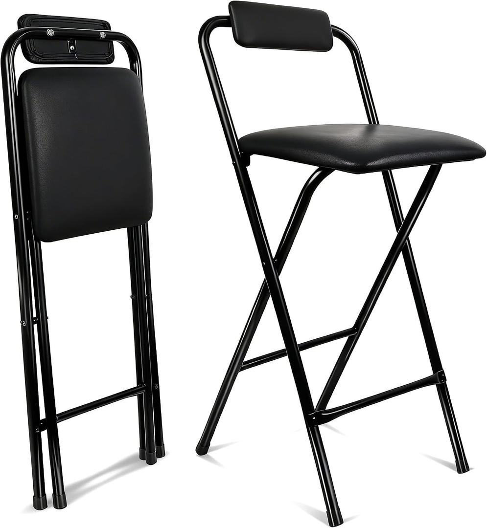 Folding Bar Stool with Back, 1PCS Tall Foldable Stool Chair Portable Collapsible for Adult Counter Height Seat Leather Padded Kitchen Shop Comfortable Sturdy 29.5 Inch