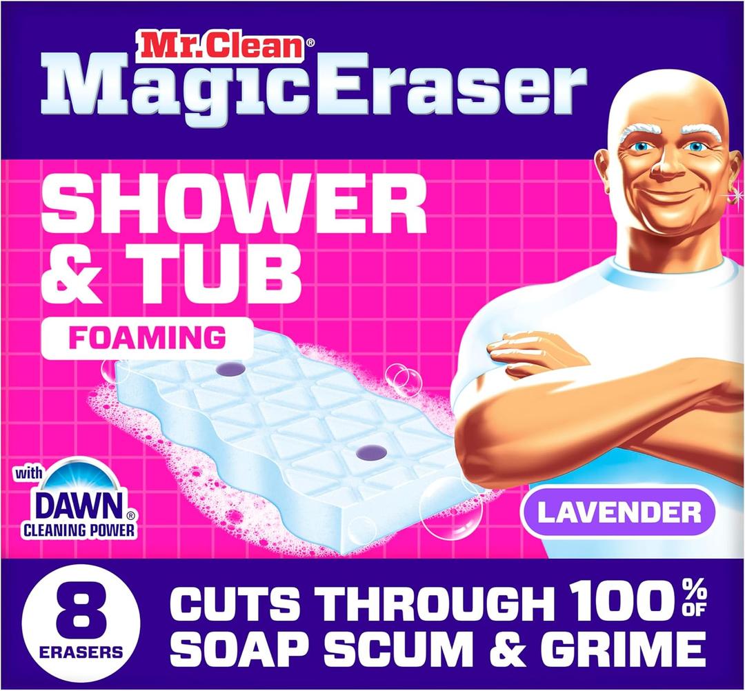 Mr. Clean Magic Eraser Sponge, Bathroom, Shower, Tub Cleaner, Soap Scum Remover, Bathroom Cleaning Supplies, Dawn Cleaning Power with Lavender Scent, Shower & Tub, 8ct (1 Count (Pack of 8))