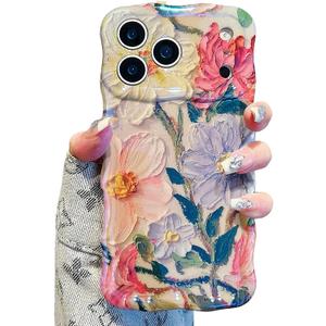 UEEBAI Case for iPhone 17 Pro Max, Colorful Retro Oil Painting Flower Case Pretty Glossy Pattern Wave Cover Cute Sparkly Floral Curly Cover Stylish Shell for Women Girl, Purple Pink