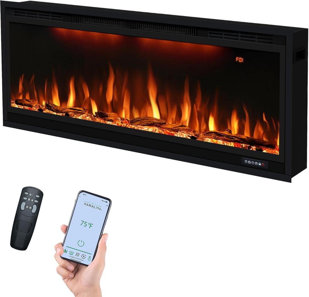 42 inch Smart Electric Fireplace with App Control, Wall Mount & in Wall recessed Fireplace Inserts, Multicolor Flame w/Realistic Log &Crystals, Overheating Protection and Timer, 750W/1500W, Black