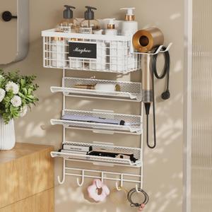 Magheo Hair Dryer Holder Wall Mounted, Adheisve Hair Styling Tool Organizer for hair Brush/Appliance Wall Mount with 5 Tier Shelf Basket Hooks Blow Dryer and Straightener Holder for Bathroom (White)