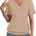 TICTICMISS Womens Short Sleeve Tops Banded Bottom V Neck Summer T Shirt Casual Basic Tees Trendy Tops Summer Clothes L