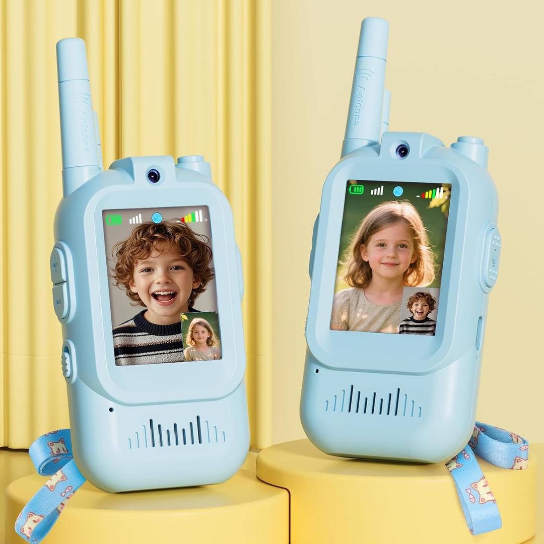 Walkie Talkie for Kids with Video: 2 Pack Rechargeable Toddler Toys with HD Camera & Voice Changer, Long Range Gift Toys for Boy & Girl Age 3-8 for Outdoor Play, Camping (Blue-Blue)