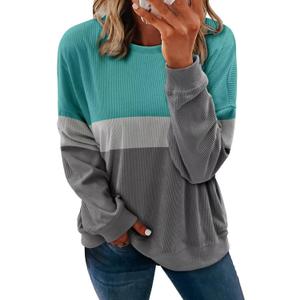 KISSMODA Womens Casual Long Sleeve Sweatshirts Color Block/Solid Tops Corduroy Crewneck Tunic Pullover with Pockets (Gray)