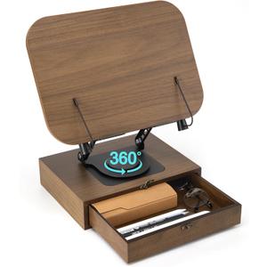 Adjustable Book Stand for Reading, With Drawers for Storage, Book Holder with 360 Swivel Base, Foldable Cookbook Stand, Recipe book holder, Textbook - Hands-Free, Design with Elastic Page Clips (brown)