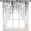 Grey Eucalyptus Leaves Swag Valances for Windows, 28x36 Inch Length, 2 Panels Set, Light-Filtering, Scalloped, Modern, Contemporary Style, Pinch Pleat Top, Unisex, Indoor Use
