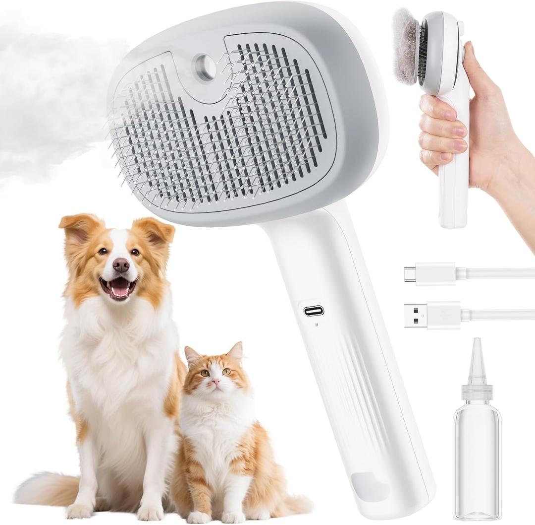 Pecute Steam Cat Brush, SelfCleaning Cat Steam Brush with 2 Water Spray Modes, Large Capacity Tank, Dog Brush for Shedding Massaging Grooming, Cool Mist Only
